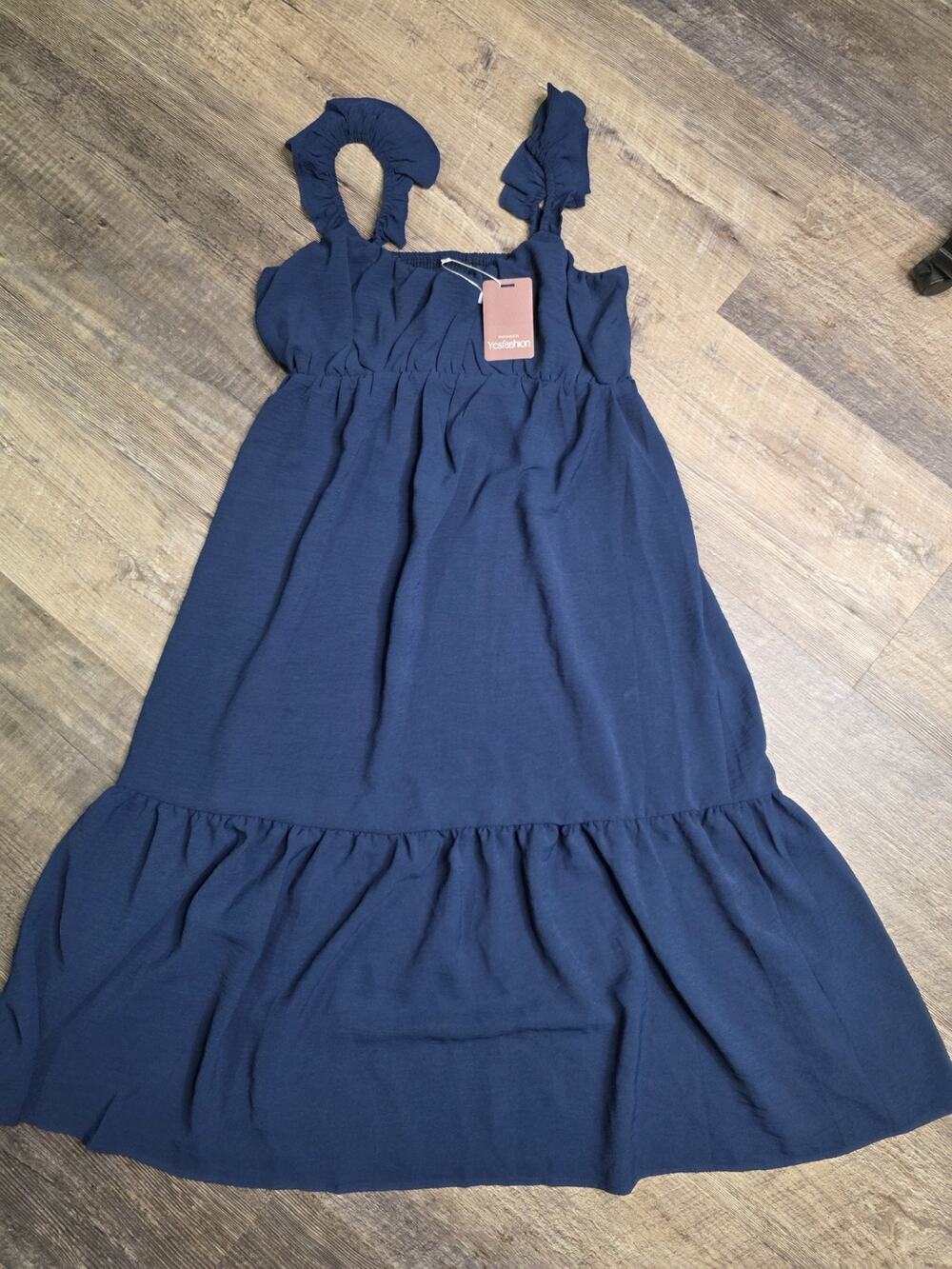 Yesfashion Womens Size S Navy Blue Tiered Ruffle Strap Smocked Midi Dress NWT